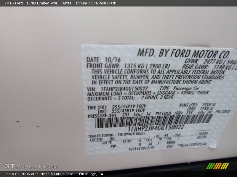 White Platinum / Charcoal Black 2016 Ford Taurus Limited AWD