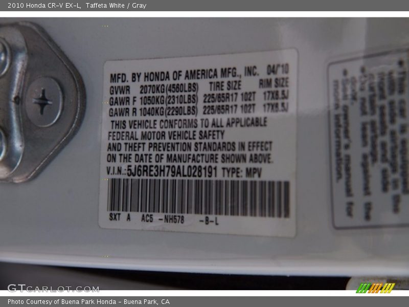 Taffeta White / Gray 2010 Honda CR-V EX-L