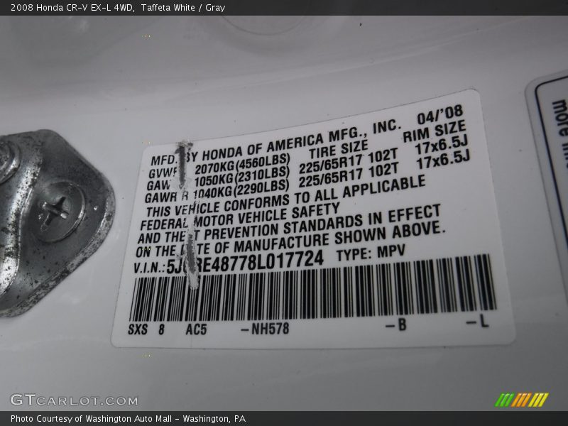 Taffeta White / Gray 2008 Honda CR-V EX-L 4WD