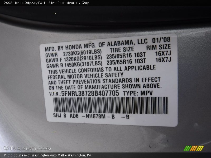 Silver Pearl Metallic / Gray 2008 Honda Odyssey EX-L