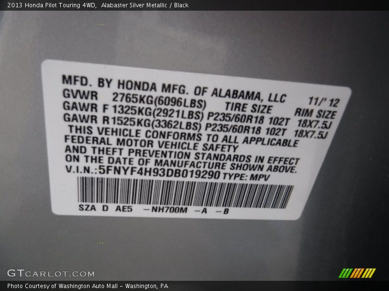 Alabaster Silver Metallic / Black 2013 Honda Pilot Touring 4WD