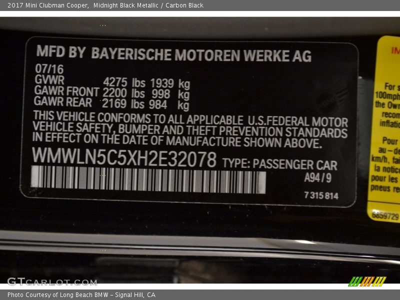 Midnight Black Metallic / Carbon Black 2017 Mini Clubman Cooper