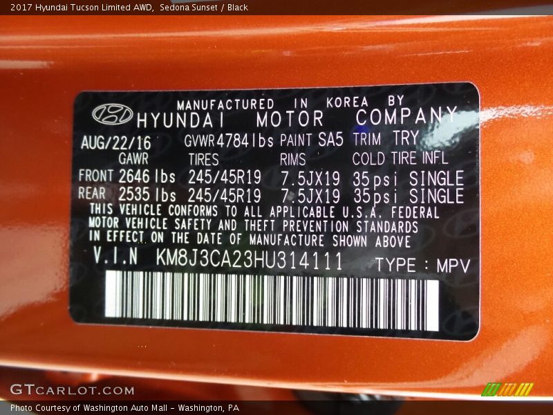 2017 Tucson Limited AWD Sedona Sunset Color Code SA5