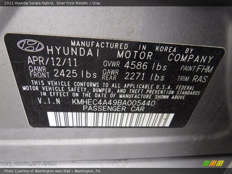 Silver Frost Metallic / Gray 2011 Hyundai Sonata Hybrid