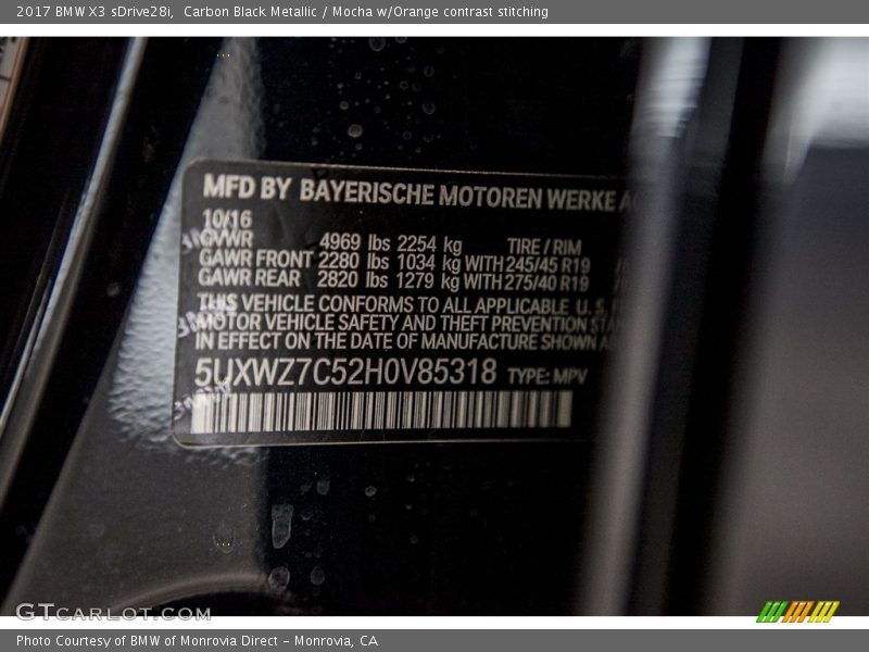 Carbon Black Metallic / Mocha w/Orange contrast stitching 2017 BMW X3 sDrive28i