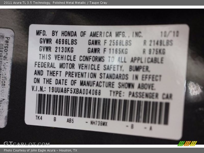 Polished Metal Metallic / Taupe Gray 2011 Acura TL 3.5 Technology