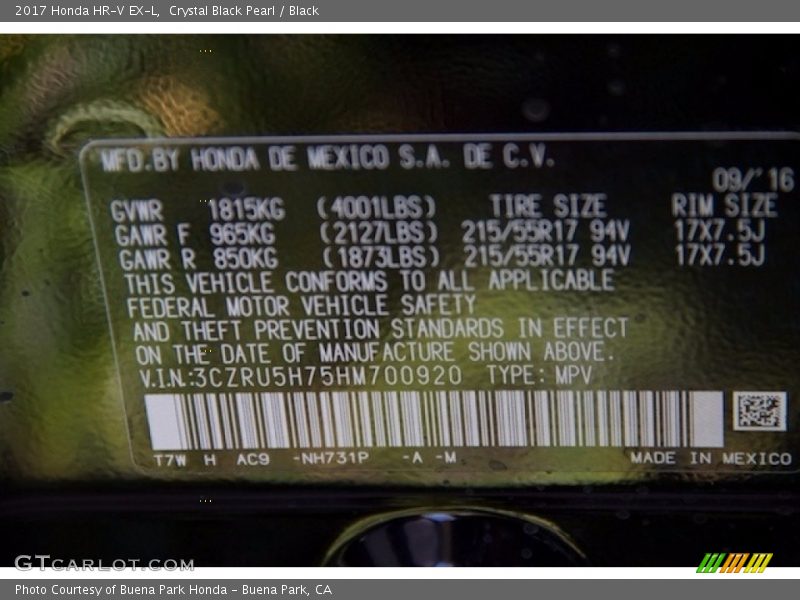 Crystal Black Pearl / Black 2017 Honda HR-V EX-L