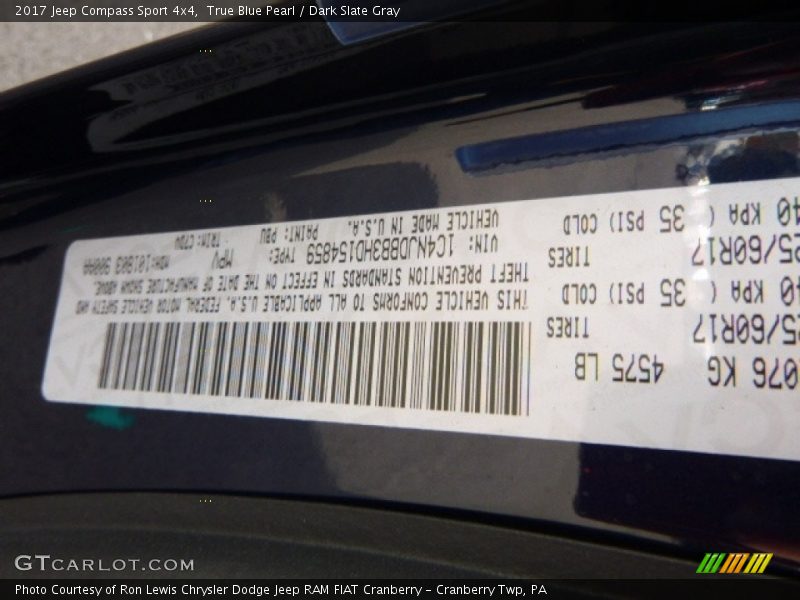 2017 Compass Sport 4x4 True Blue Pearl Color Code PBU