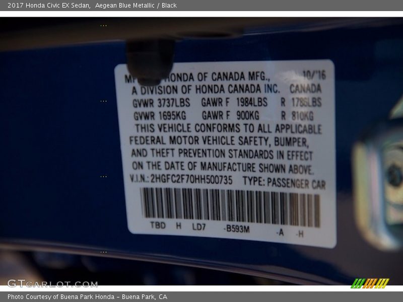 Aegean Blue Metallic / Black 2017 Honda Civic EX Sedan