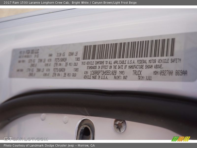 2017 1500 Laramie Longhorn Crew Cab Bright White Color Code PW7