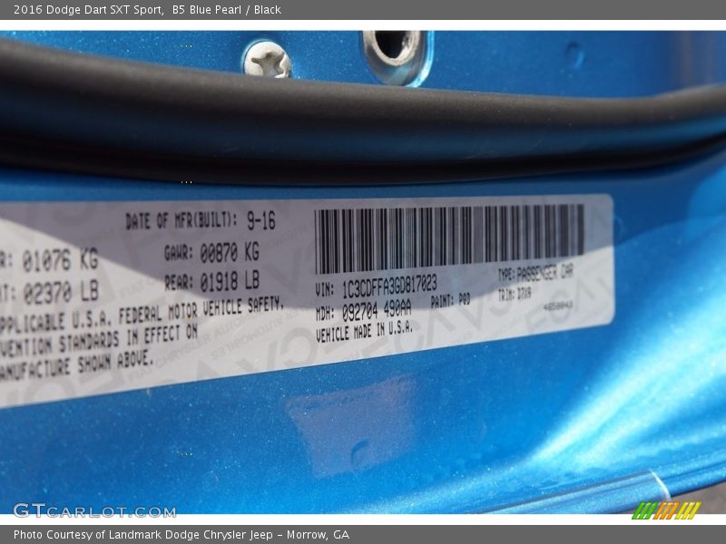 B5 Blue Pearl / Black 2016 Dodge Dart SXT Sport