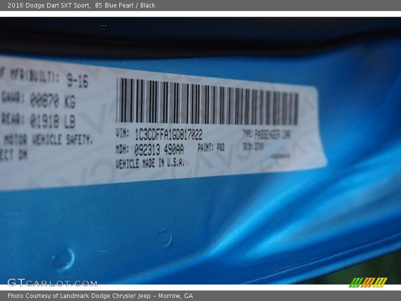 B5 Blue Pearl / Black 2016 Dodge Dart SXT Sport