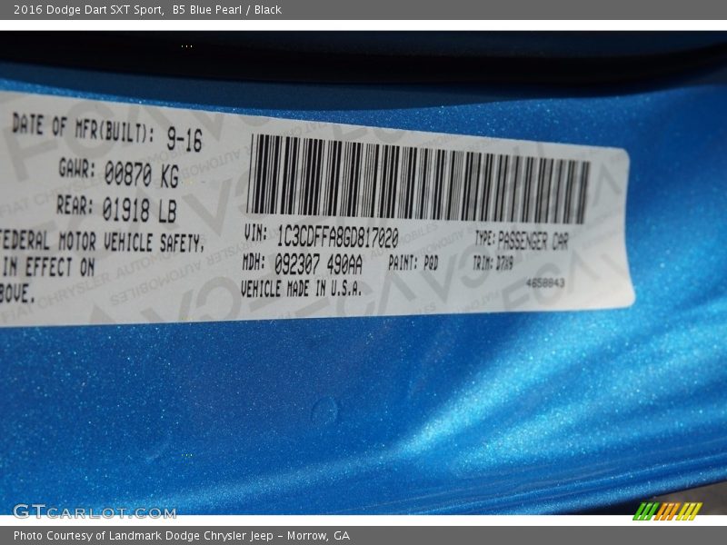 B5 Blue Pearl / Black 2016 Dodge Dart SXT Sport