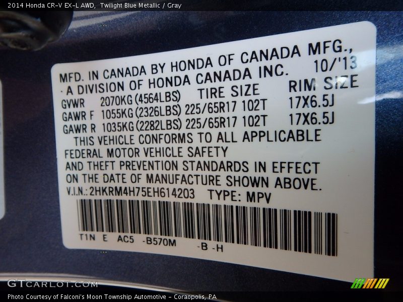 Twilight Blue Metallic / Gray 2014 Honda CR-V EX-L AWD
