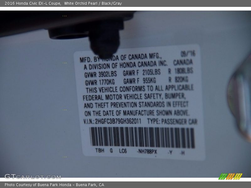 White Orchid Pearl / Black/Gray 2016 Honda Civic EX-L Coupe