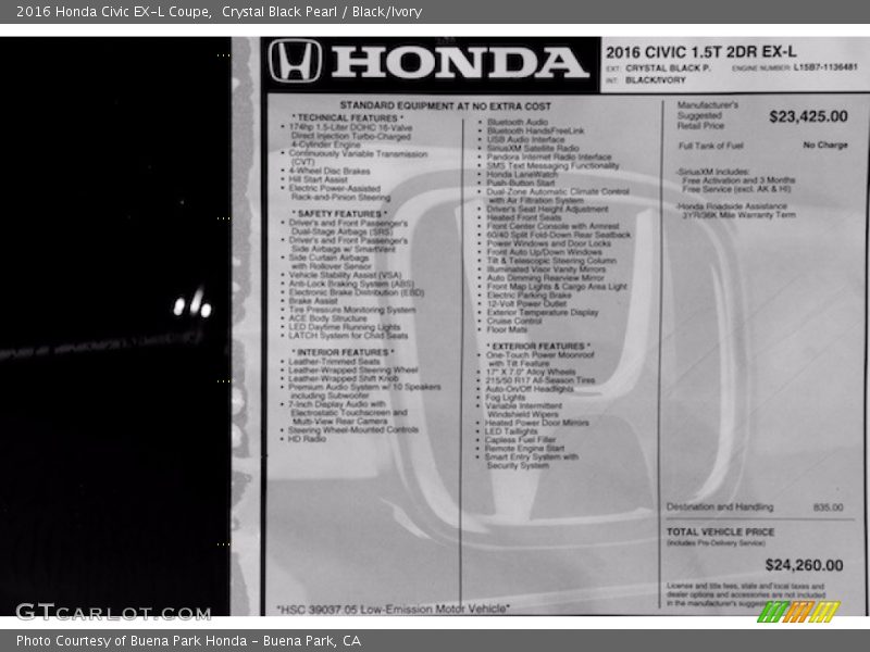 Crystal Black Pearl / Black/Ivory 2016 Honda Civic EX-L Coupe