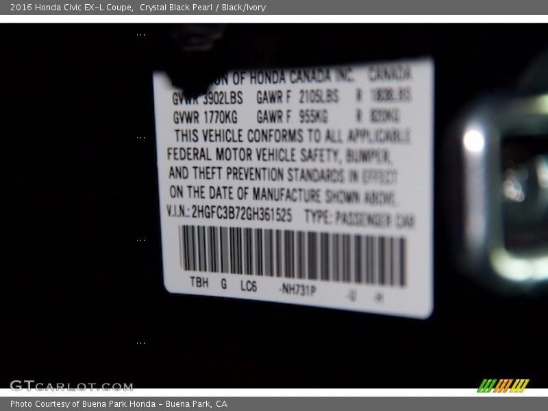 Crystal Black Pearl / Black/Ivory 2016 Honda Civic EX-L Coupe