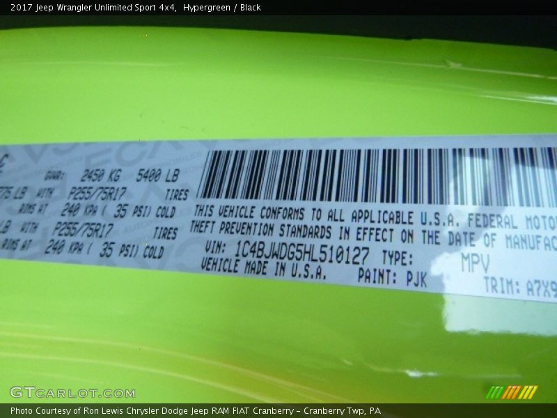 Hypergreen / Black 2017 Jeep Wrangler Unlimited Sport 4x4