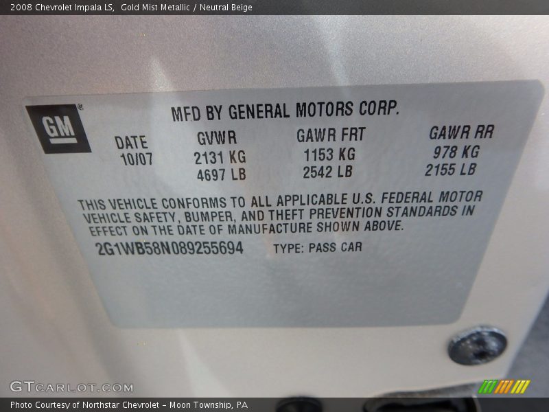 Gold Mist Metallic / Neutral Beige 2008 Chevrolet Impala LS