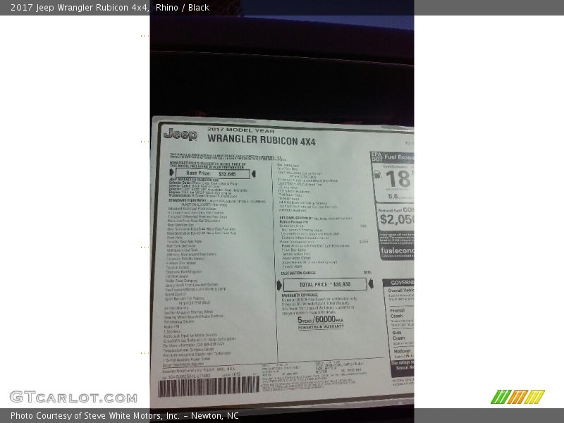  2017 Wrangler Rubicon 4x4 Window Sticker