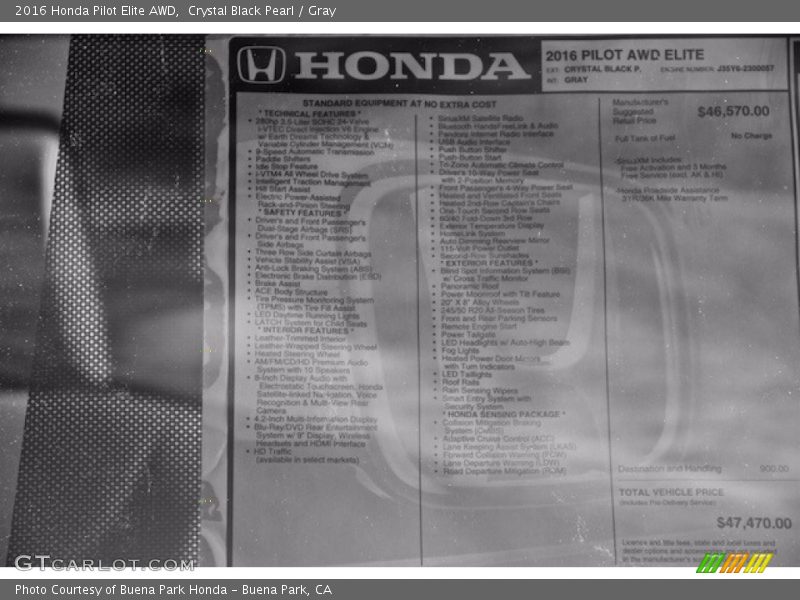 Crystal Black Pearl / Gray 2016 Honda Pilot Elite AWD