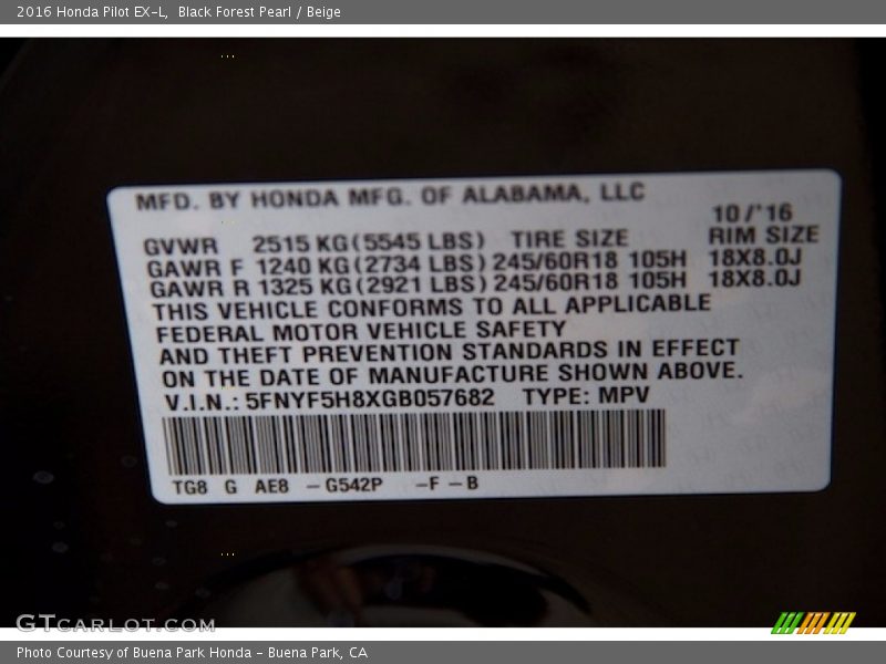 Black Forest Pearl / Beige 2016 Honda Pilot EX-L