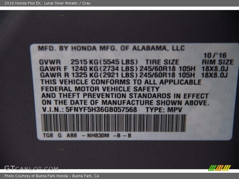 Lunar Silver Metallic / Gray 2016 Honda Pilot EX
