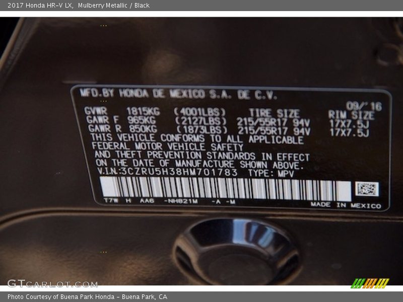 2017 HR-V LX Mulberry Metallic Color Code NH821M