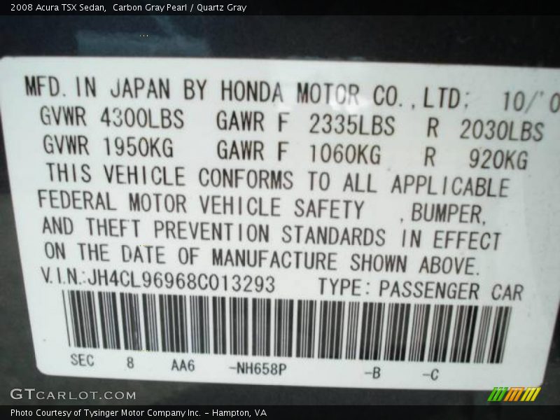 2008 TSX Sedan Carbon Gray Pearl Color Code NH658P
