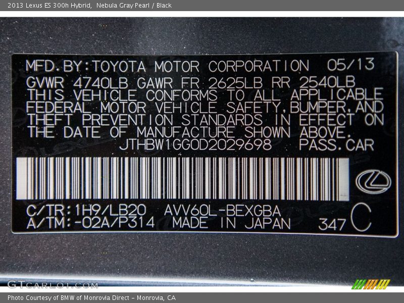 Nebula Gray Pearl / Black 2013 Lexus ES 300h Hybrid