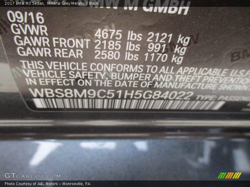 Mineral Grey Metallic / Black 2017 BMW M3 Sedan