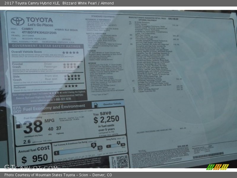 Blizzard White Pearl / Almond 2017 Toyota Camry Hybrid XLE