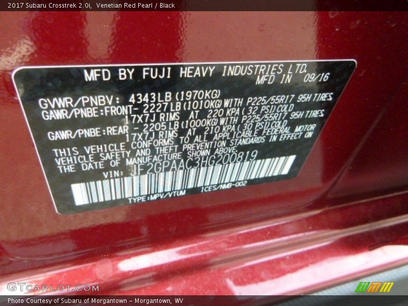 Venetian Red Pearl / Black 2017 Subaru Crosstrek 2.0i
