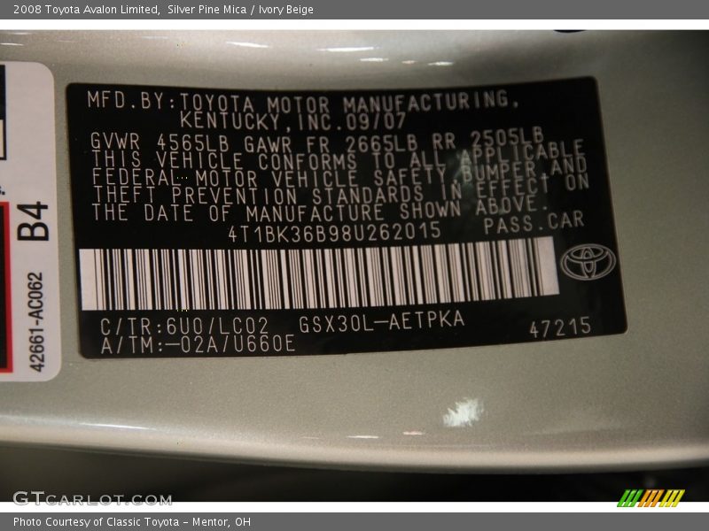Silver Pine Mica / Ivory Beige 2008 Toyota Avalon Limited