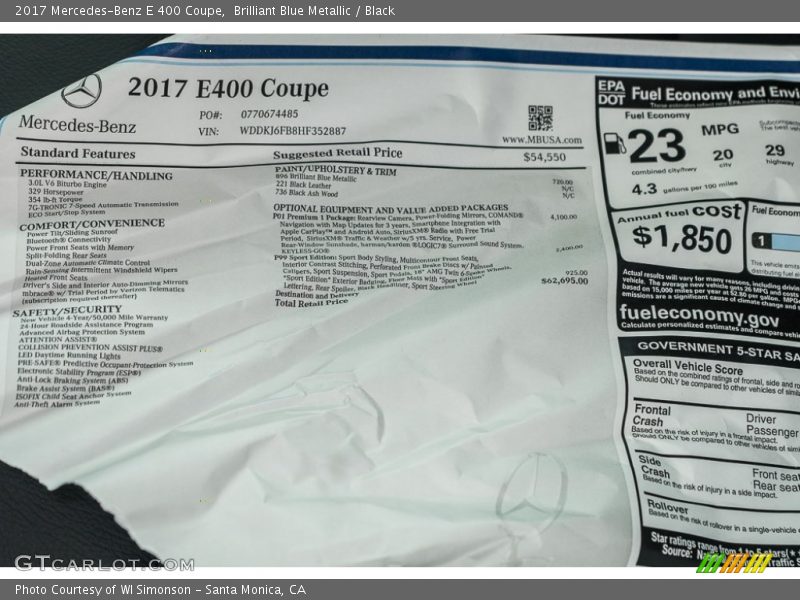  2017 E 400 Coupe Window Sticker