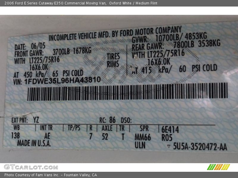 Oxford White / Medium Flint 2006 Ford E Series Cutaway E350 Commercial Moving Van
