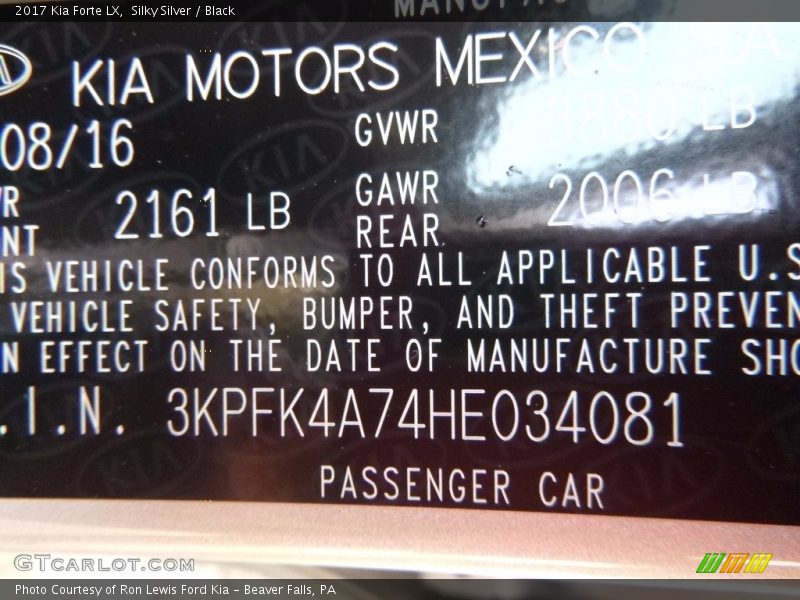 Silky Silver / Black 2017 Kia Forte LX