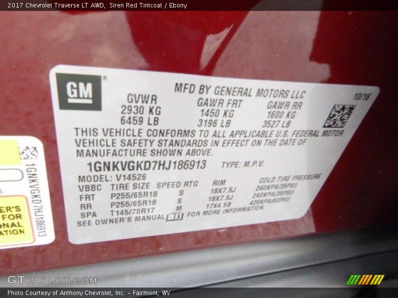 Siren Red Tintcoat / Ebony 2017 Chevrolet Traverse LT AWD