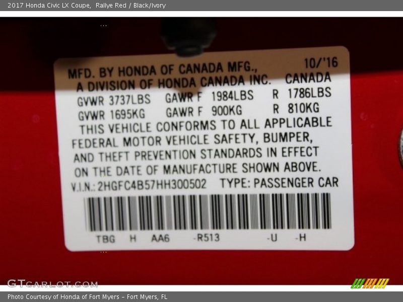 Rallye Red / Black/Ivory 2017 Honda Civic LX Coupe