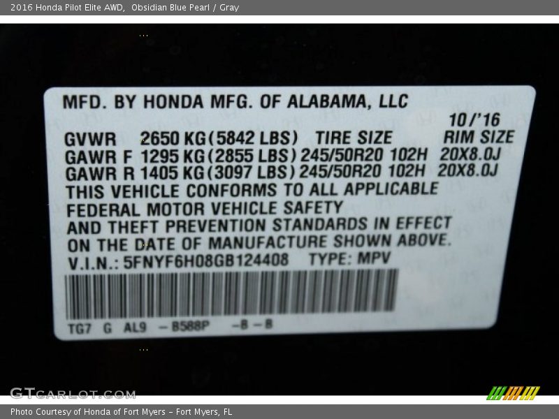 Obsidian Blue Pearl / Gray 2016 Honda Pilot Elite AWD