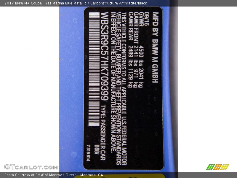 2017 M4 Coupe Yas Marina Blue Metallic Color Code B68