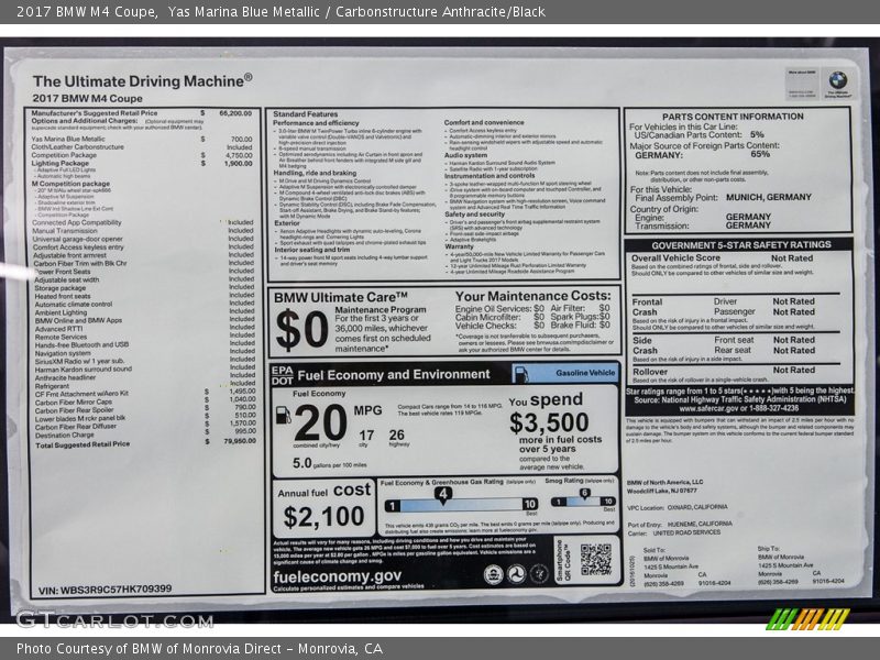  2017 M4 Coupe Window Sticker