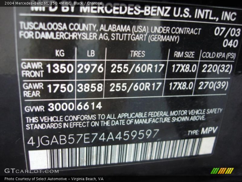Black / Charcoal 2004 Mercedes-Benz ML 350 4Matic