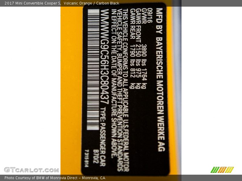 2017 Convertible Cooper S Volcanic Orange Color Code B70