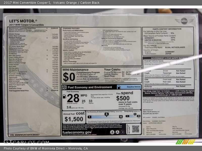  2017 Convertible Cooper S Window Sticker