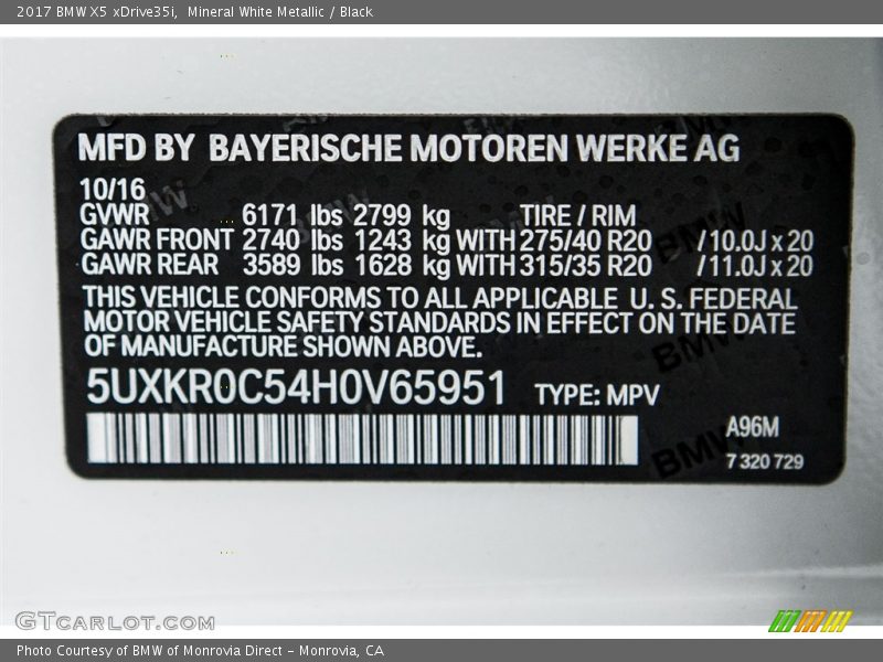 2017 X5 xDrive35i Mineral White Metallic Color Code A96