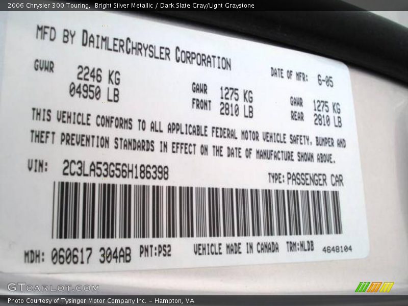 Bright Silver Metallic / Dark Slate Gray/Light Graystone 2006 Chrysler 300 Touring