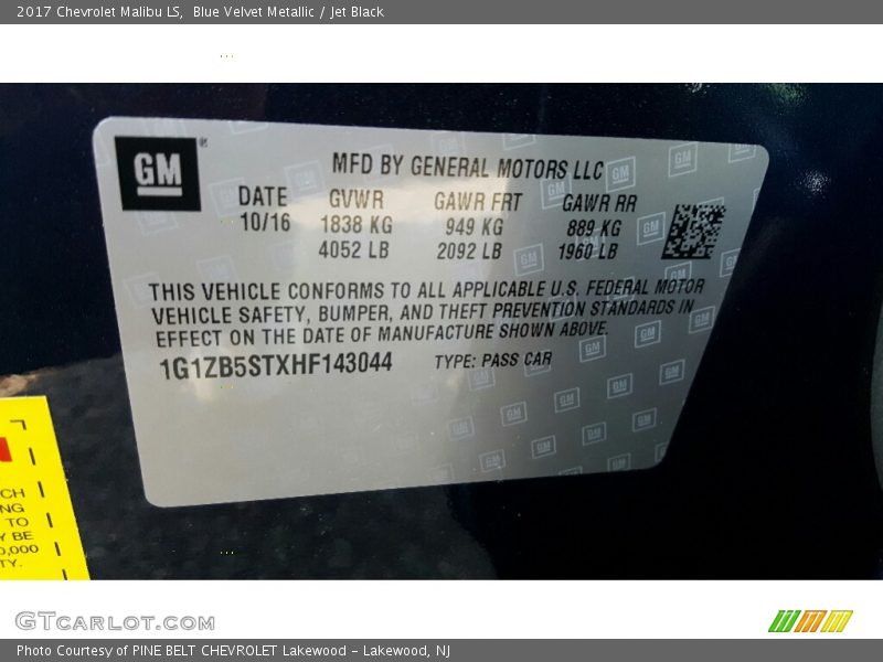 Blue Velvet Metallic / Jet Black 2017 Chevrolet Malibu LS