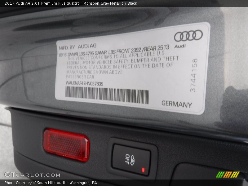 Monsoon Gray Metallic / Black 2017 Audi A4 2.0T Premium Plus quattro