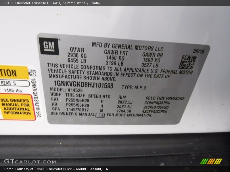 Summit White / Ebony 2017 Chevrolet Traverse LT AWD
